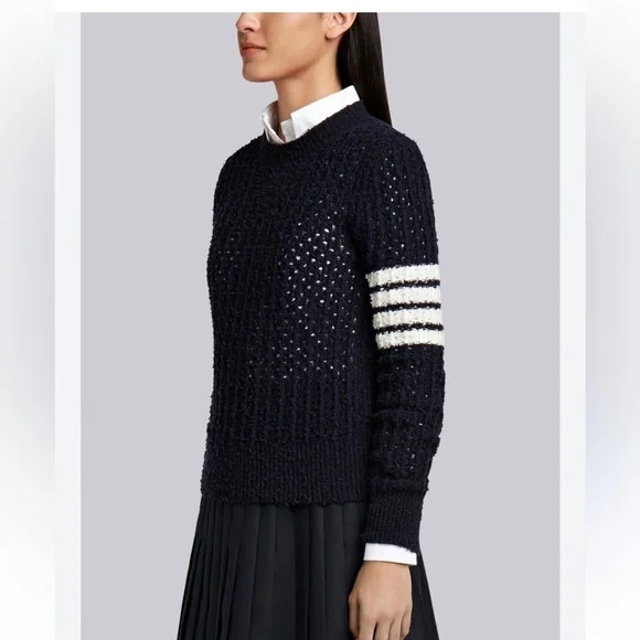THOM BROWNE Women's 4-Bar Loopback Crewneck Sweater Navy Blue 36 Small - Picture 2 of 11
